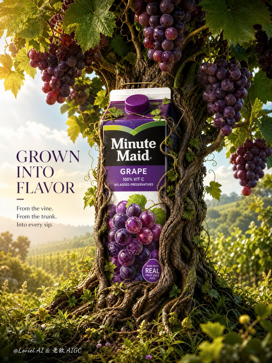 A grape-flavor Minute Maid carton appears to grow straight out of a living vine trunk, with ripe purple grape clusters and broad leaves forming a canopy above…