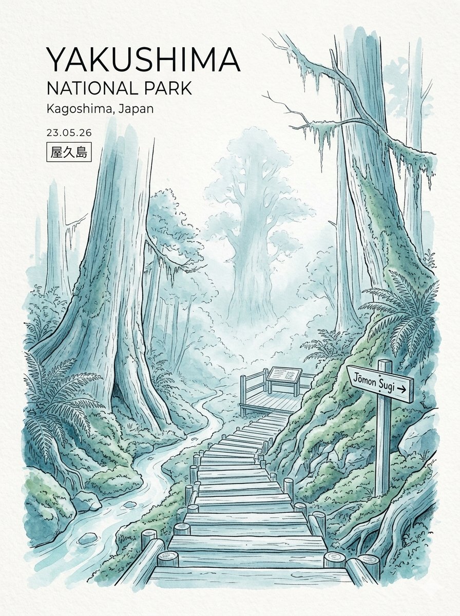 A monochrome cyan-blue scene of a wooden staircase descending into a mossy valley, with a giant cedar rising through the mist. Fine ink linework and loose…