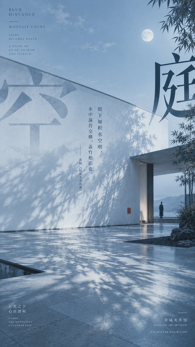 Misty Blue Oriental Poem Poster with Tiny Figure — AI result, variation 3 of 4