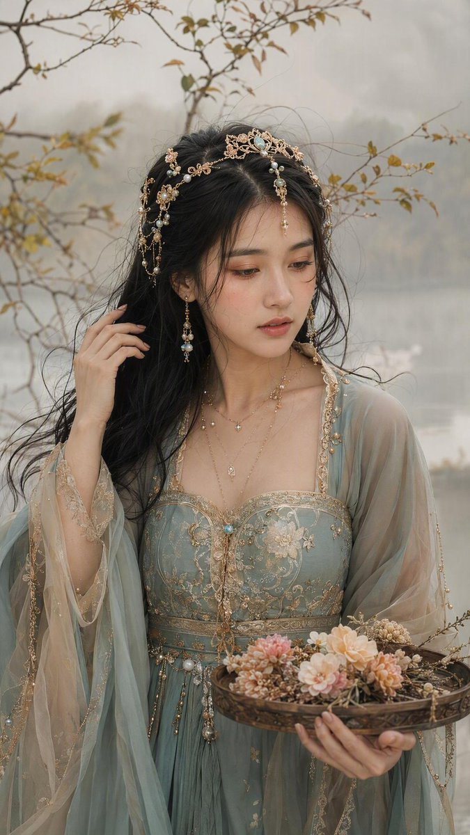 Misty Hanfu Portrait with Gold Filigree Headpiece — AI result, variation 2 of 4
