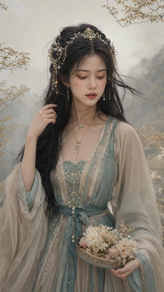 Misty Hanfu Portrait with Gold Filigree Headpiece — AI result, variation 3 of 4