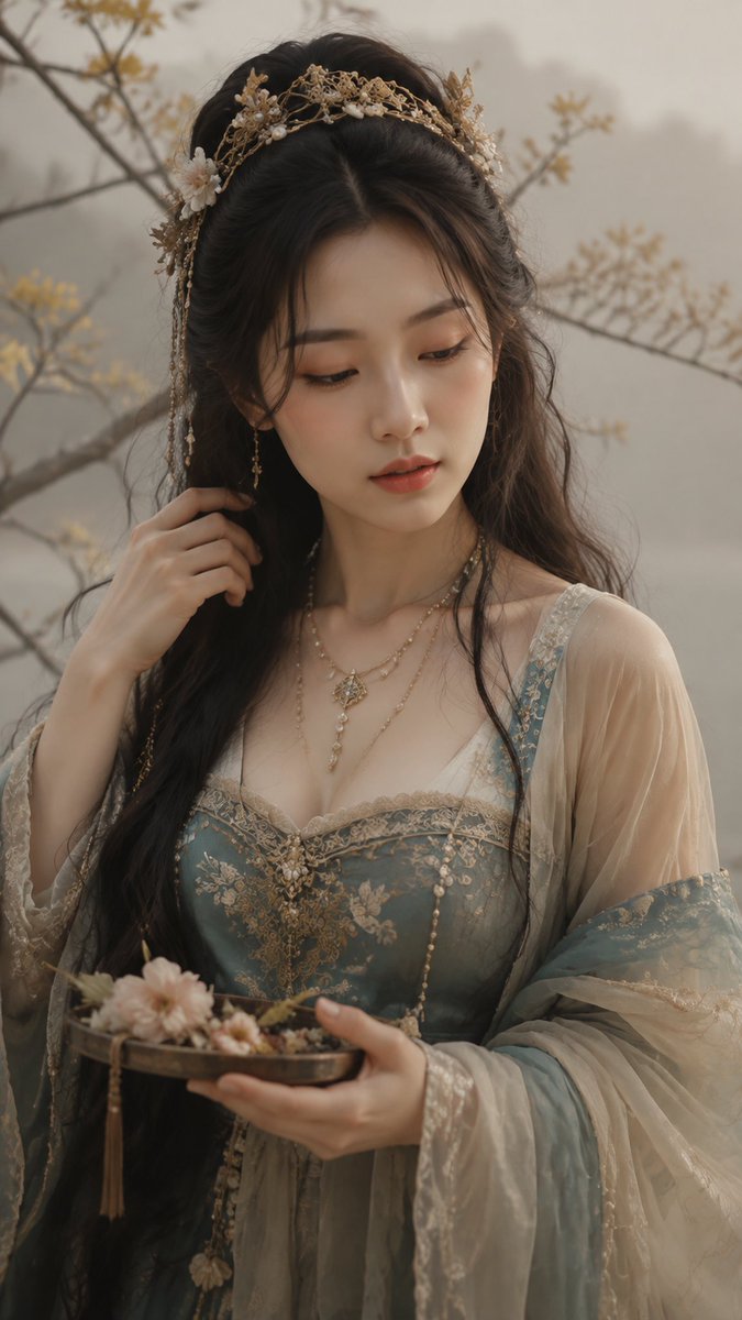 Misty Hanfu Portrait with Gold Filigree Headpiece — AI result, variation 4 of 4