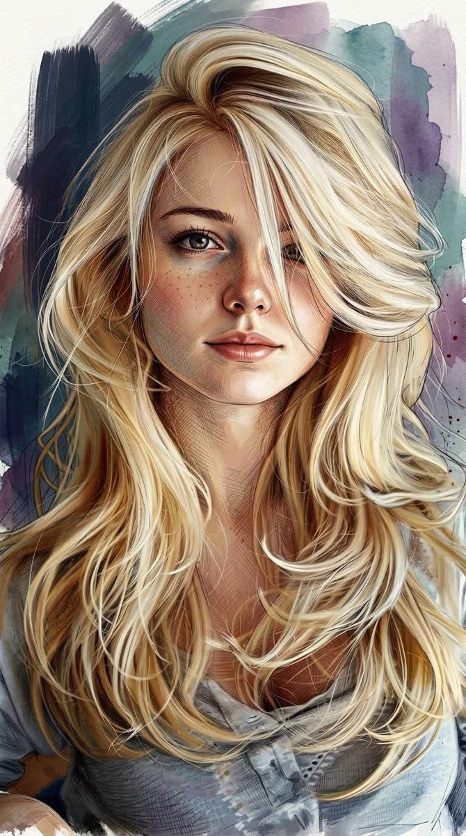 A portrait built from layered oil painting, multicolor ballpoint cross-hatching and watercolor glazes, with warm golden light against a quiet painted backdrop.…