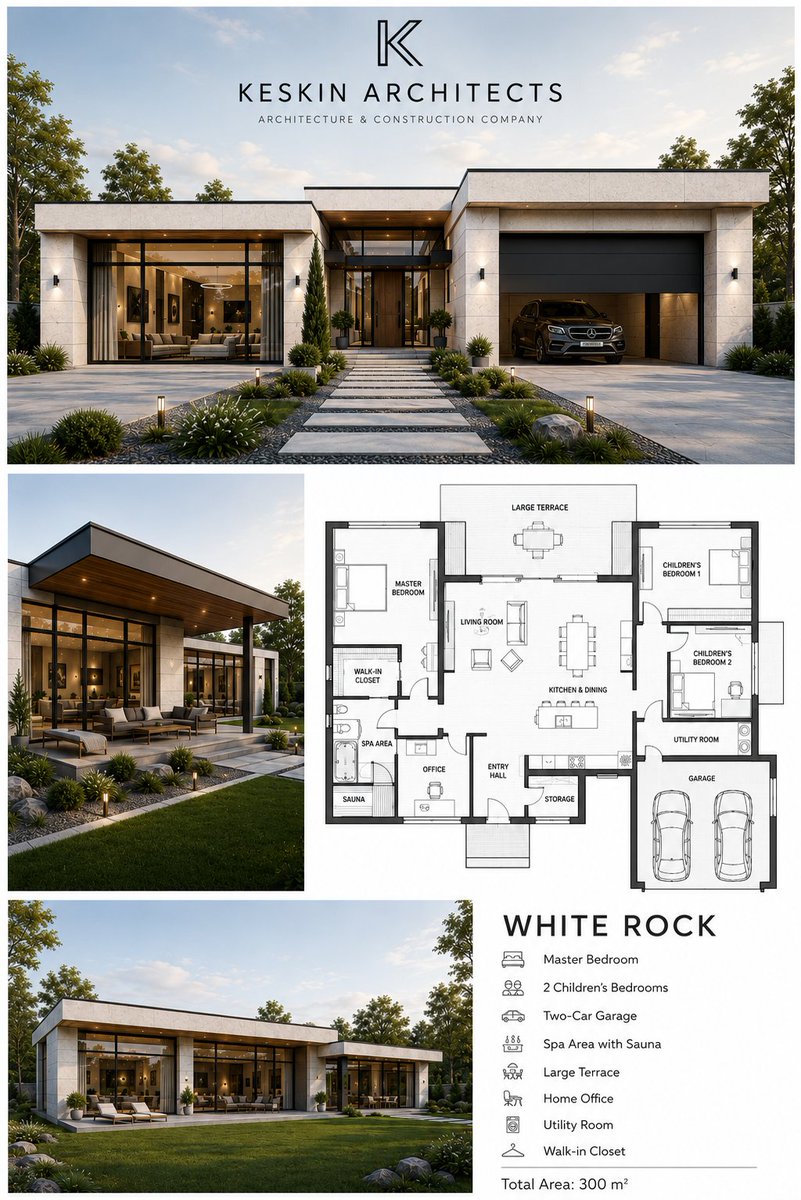 A single-story house rendered with flat roof overhangs and floor-to-ceiling glass, shown alongside a floor plan and garden views on a clean white board. The…