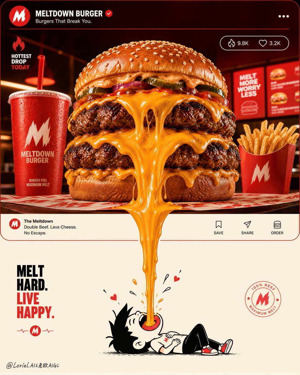 A towering double-patty cheeseburger sits above a cream field, with one thick stream of molten cheese falling down the center to a cartoon figure below. The…