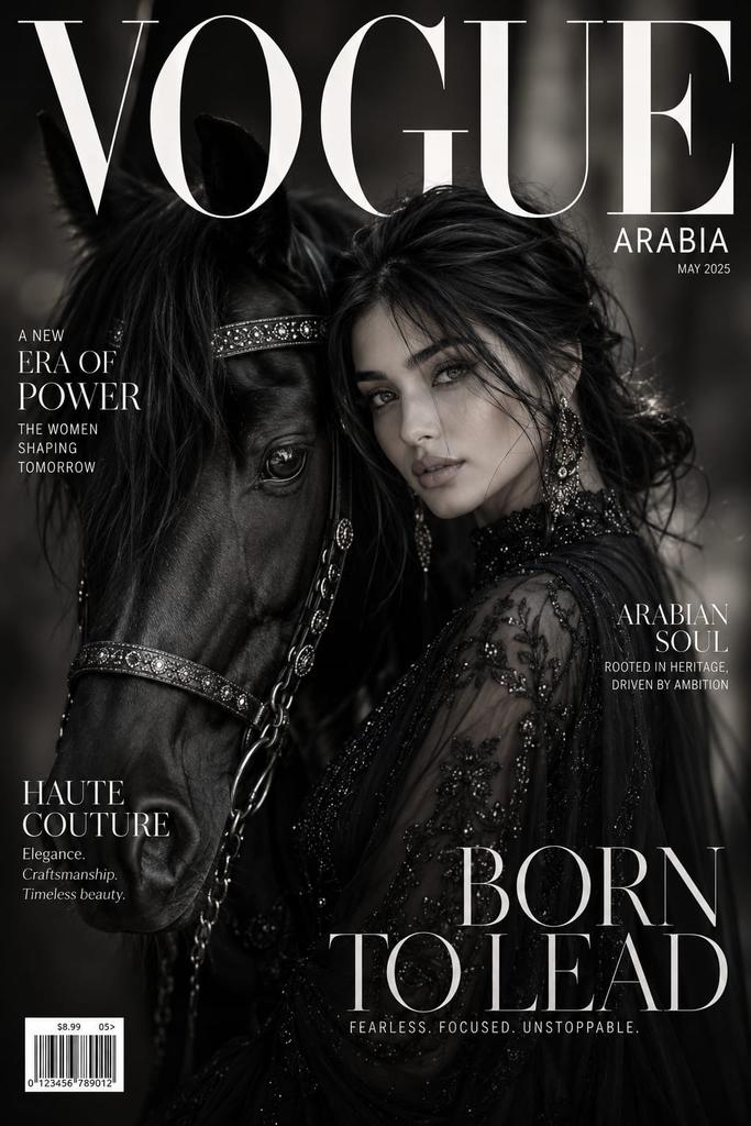 A black-and-white magazine cover in the style of a luxury fashion title, with a woman in a black gown beside a glossy black Arabian horse. Soft smoke, rim…