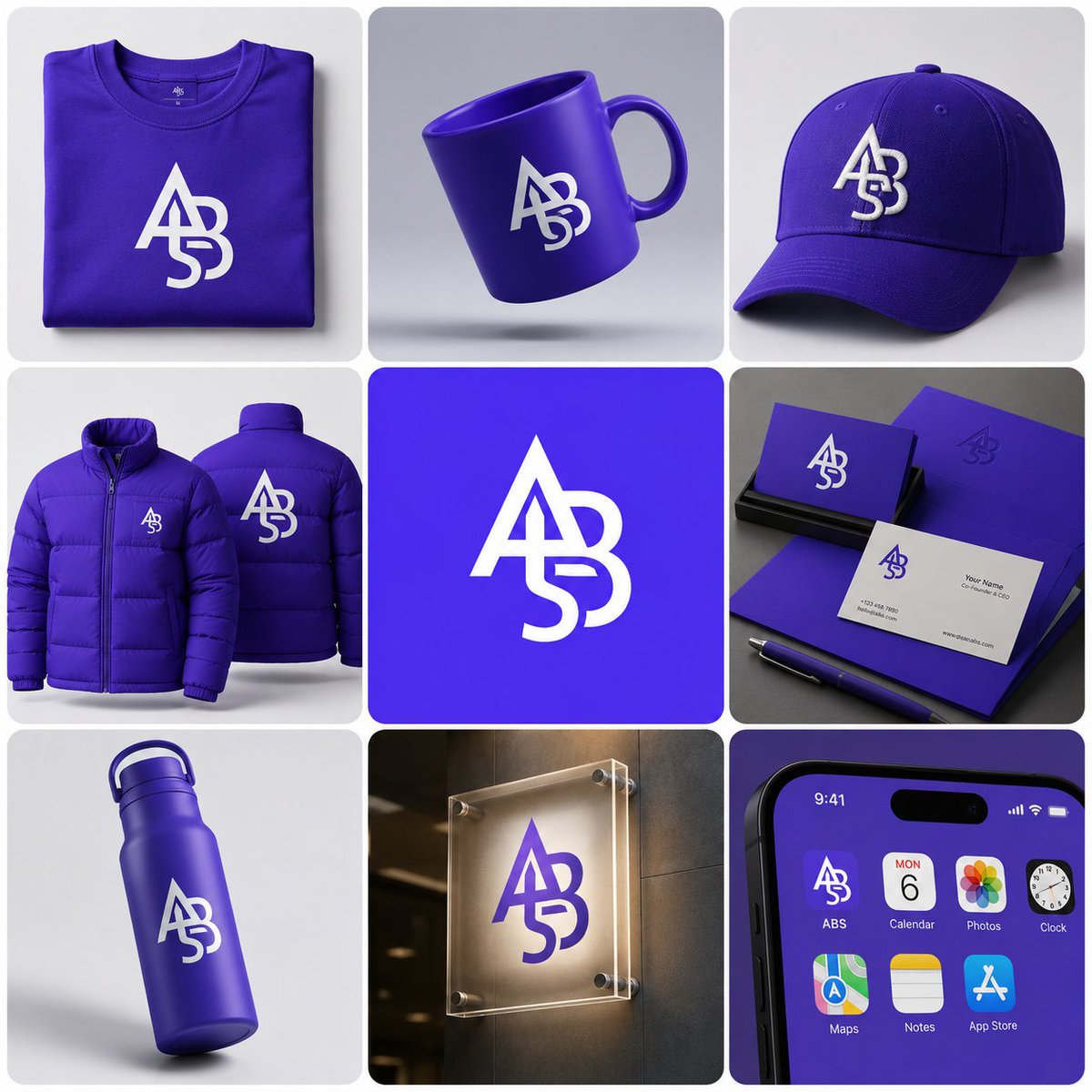 A nine-panel grid that carries one geometric monogram across a T-shirt, mug, cap, jacket, business cards, water bottle, acrylic sign and phone screen. Soft…