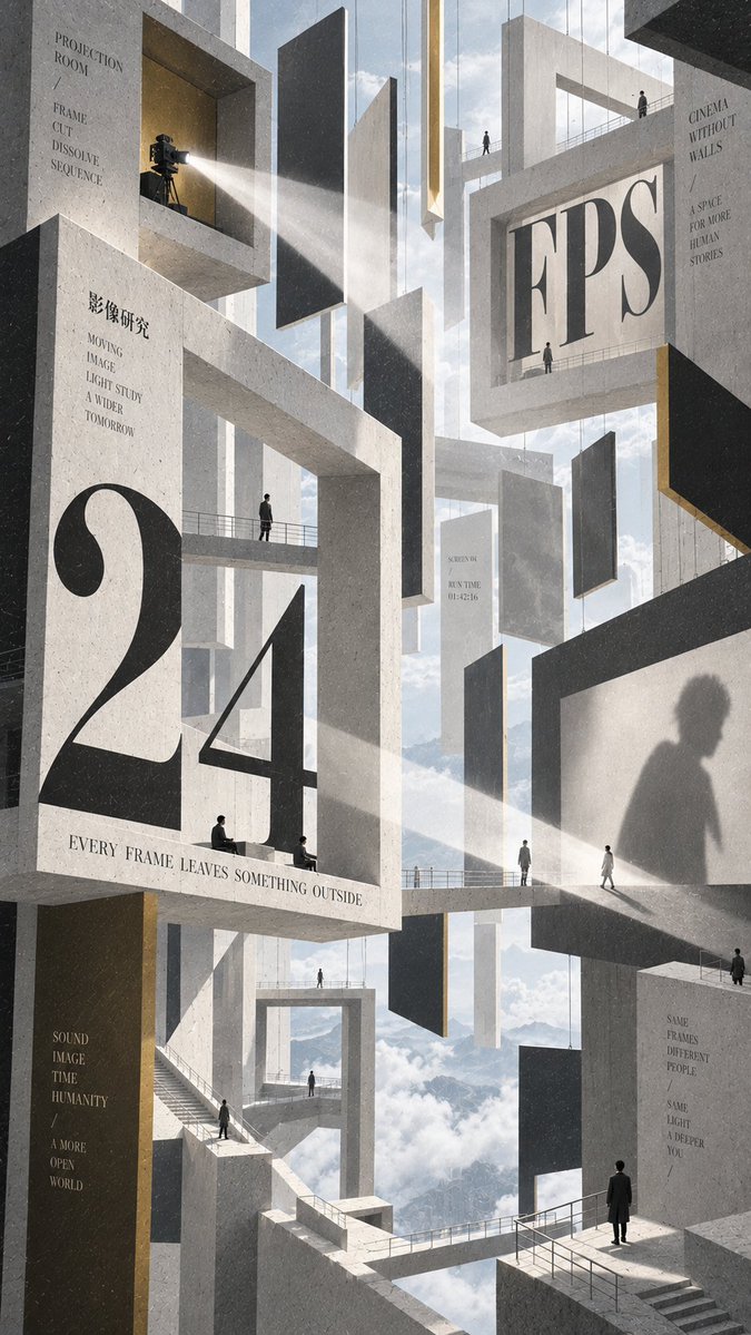 Giant numerals and words are built into concrete walls and platforms, with tiny figures standing in a vast, quiet space. A single soft cast of light or rain…