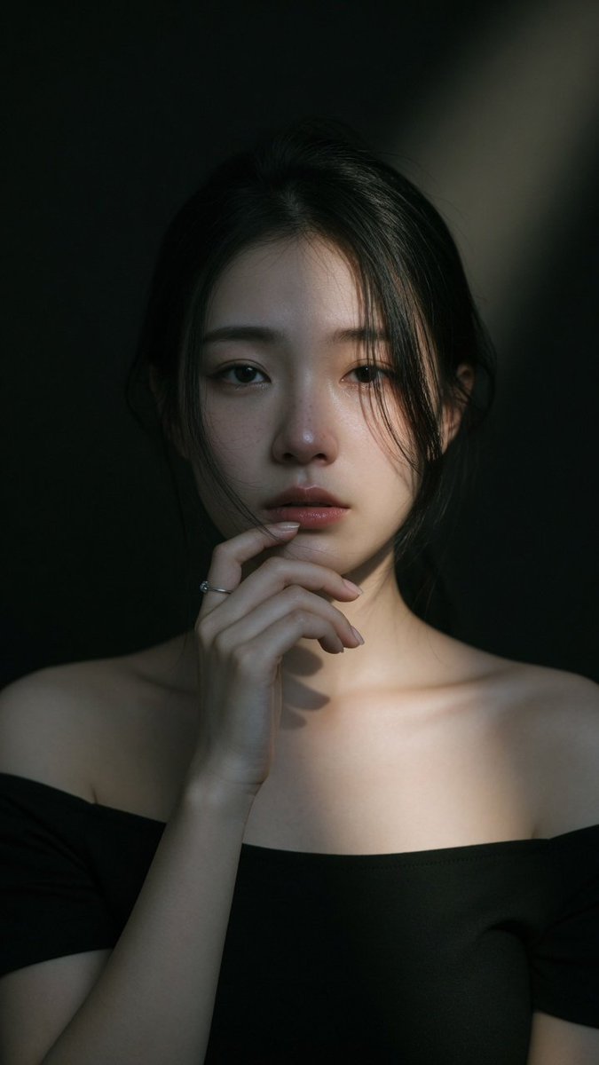 A close half-body portrait of a young woman against a black backdrop, lit by one soft spotlight that carves deep shadow across her face. The grain, muted…