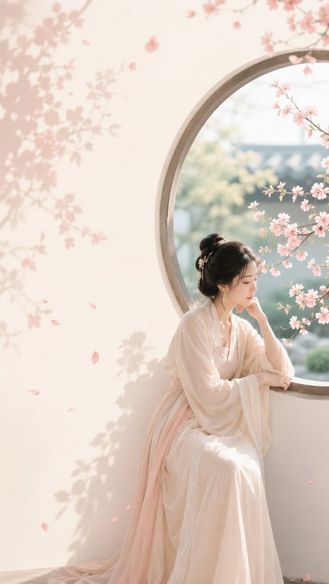 A quiet Eastern-style poster with a woman leaning by a round moon window, her gaze drifting toward flowers. Jade-white space and rouge-pink flower shadows keep…