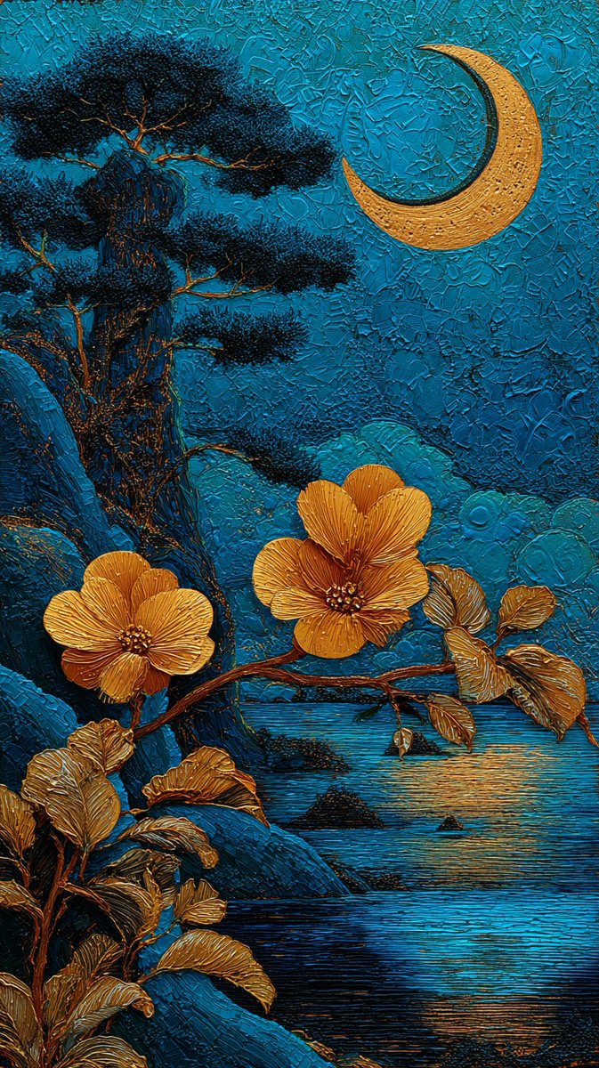 Moonlit Pagoda Oil Painting Textured Art — AI result, variation 2 of 3