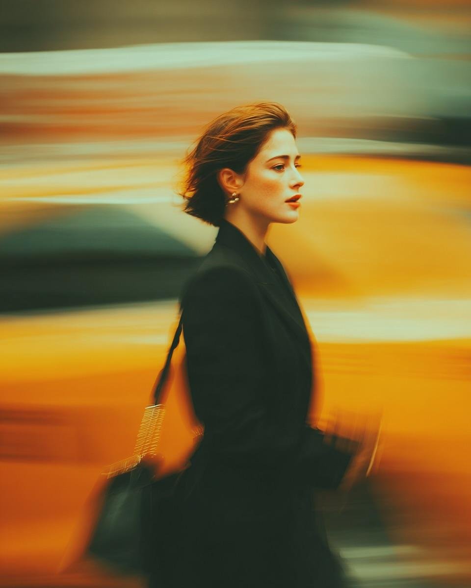 A young woman in a black structured jacket strides through a rushing city at night, her face sharp while amber and teal lights streak into long horizontal blur…