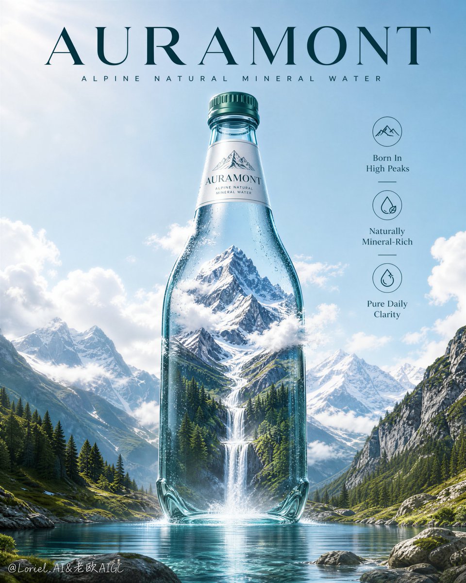 A monumental green glass water bottle holds a snow-capped peak, forest and waterfall, and the stream spills out into a calm foreground lake. The bottle becomes…