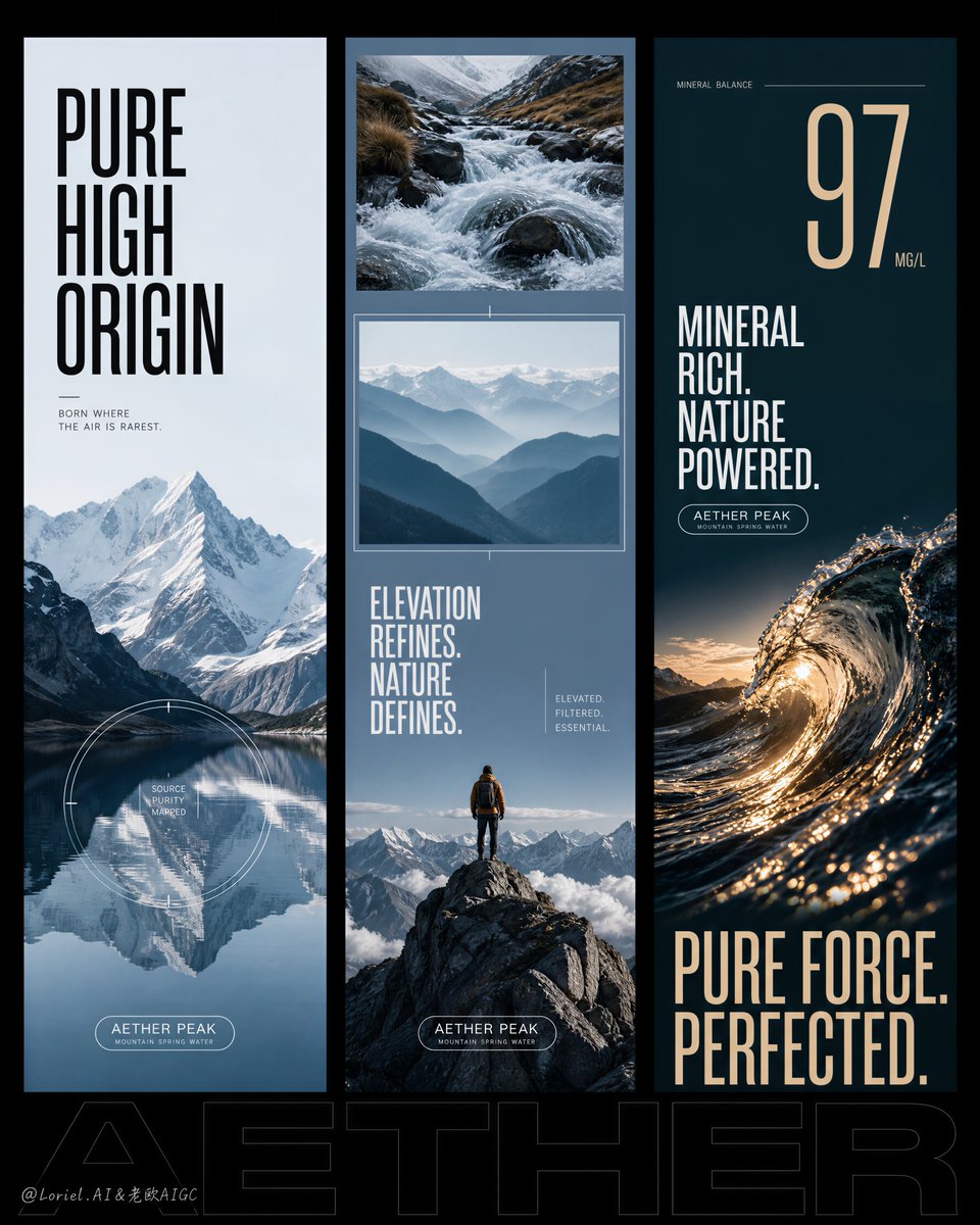 A tall three-panel poster that moves from a still alpine lake to a rushing stream and a golden-lit water surge. Clean condensed type and a black ground keep it…