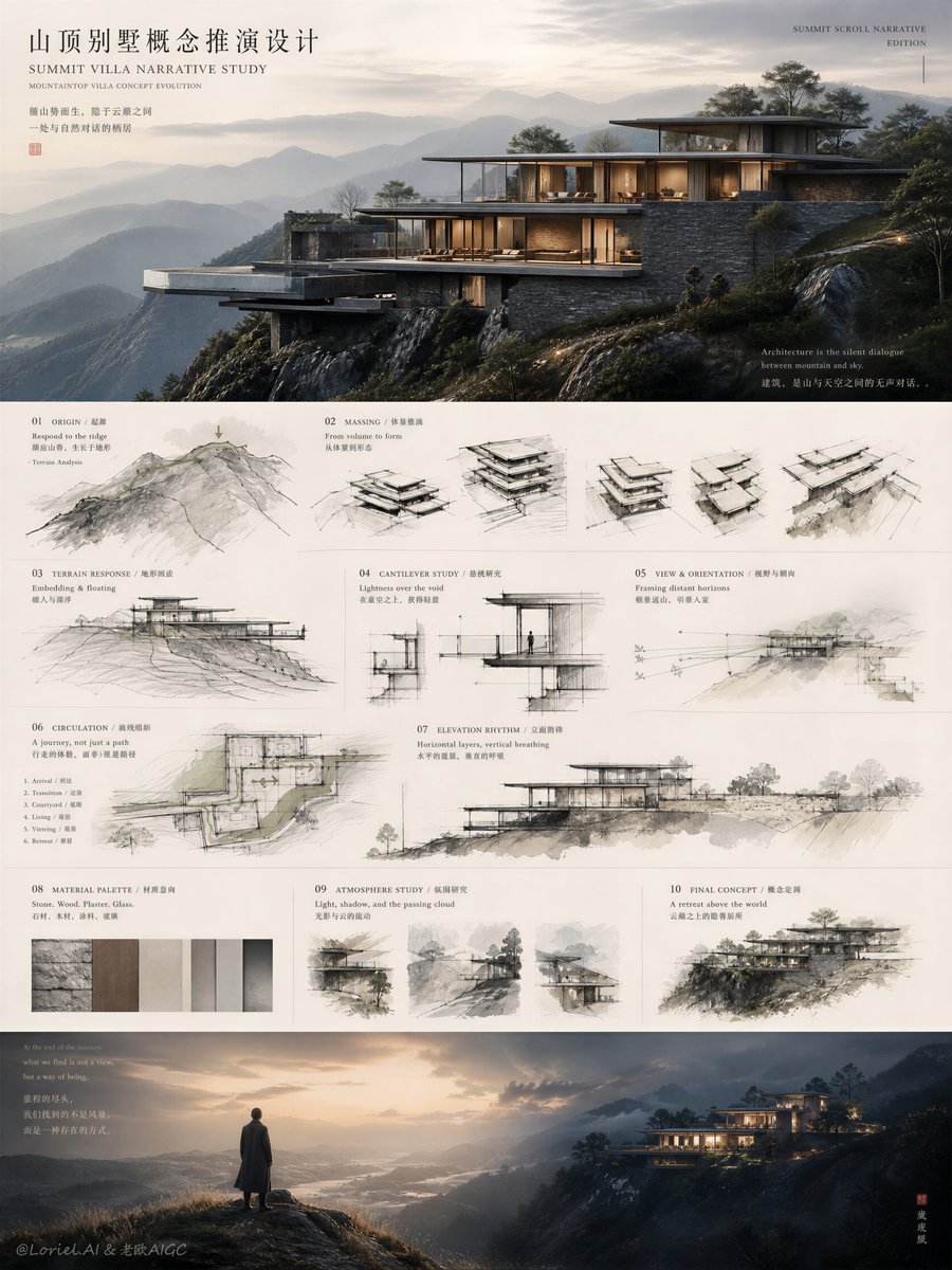 A vertical architectural presentation board with a cinematic final villa render at the top, pale watercolor and ink concept studies in the middle, and a misty…