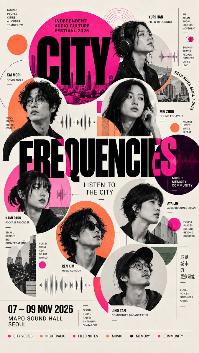 A tall editorial poster where several portraits sit in modular, uneven crops around an oversized title. Overlaps and quiet white space keep the dense cast of…