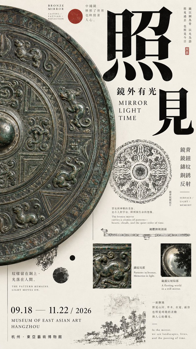 A split composition where one side holds a large cropped artifact and the other carries a stacked title, thin research lines and exhibition details. Ink, bone…