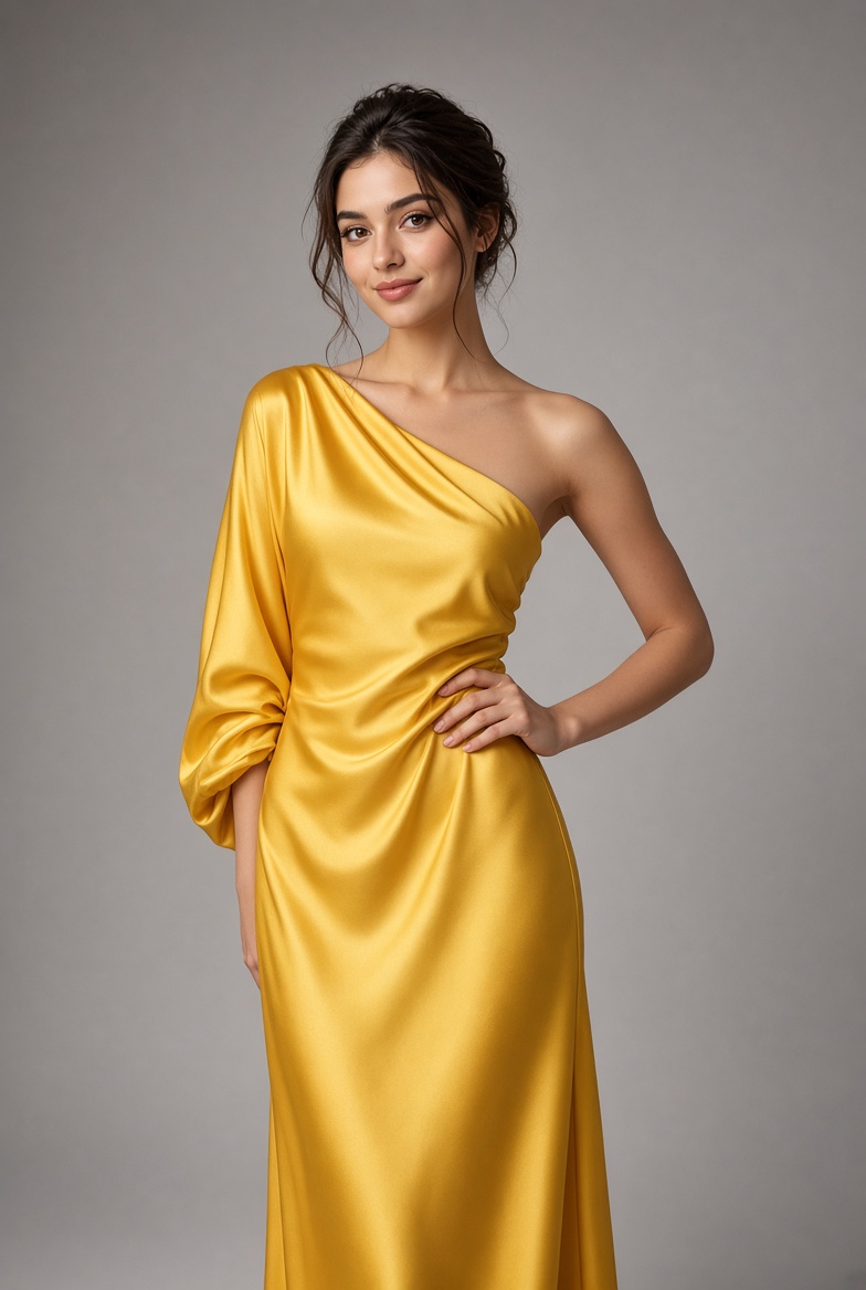 Mustard Satin Evening Gown Fashion Collage — AI result, variation 2 of 2