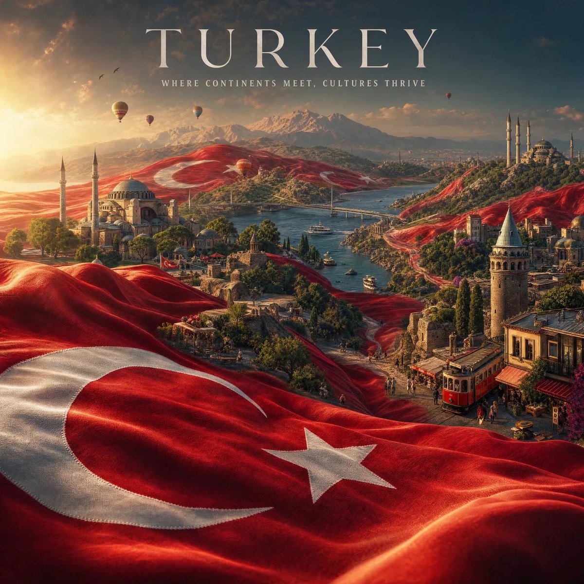 A flag fills the foreground in realistic silk folds, then slowly turns into mountains, rivers, streets and landmarks as the scene recedes. The result reads…