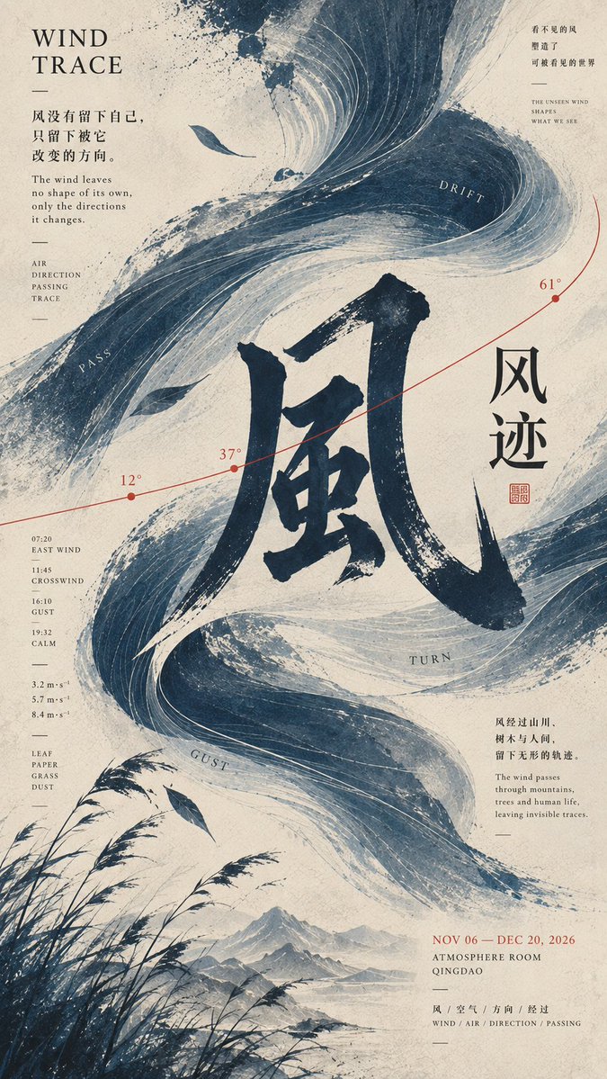 A vertical exhibition poster built around a giant Chinese character, with its composition shaped by the motion of a natural force. Trails, cuts, and light…