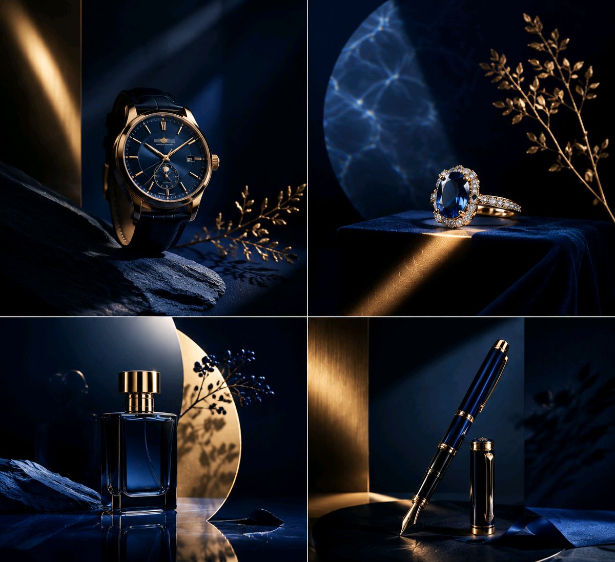 A dark, minimal luxury advertising visual built on midnight and navy blues with restrained champagne-gold highlights. Dramatic spotlighting and wide empty…