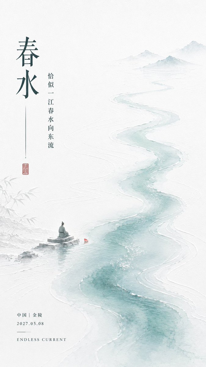 A vertical poster on pale handmade paper where one small object floats in wide empty space and a classical verse becomes a quiet, visible motion. Faint…