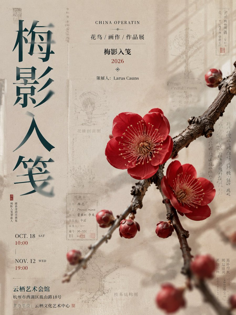 A vertical museum-style poster with a huge engraved Chinese title, a hyper-realistic botanical subject set in the right-hand frame, and paper-fiber texture…