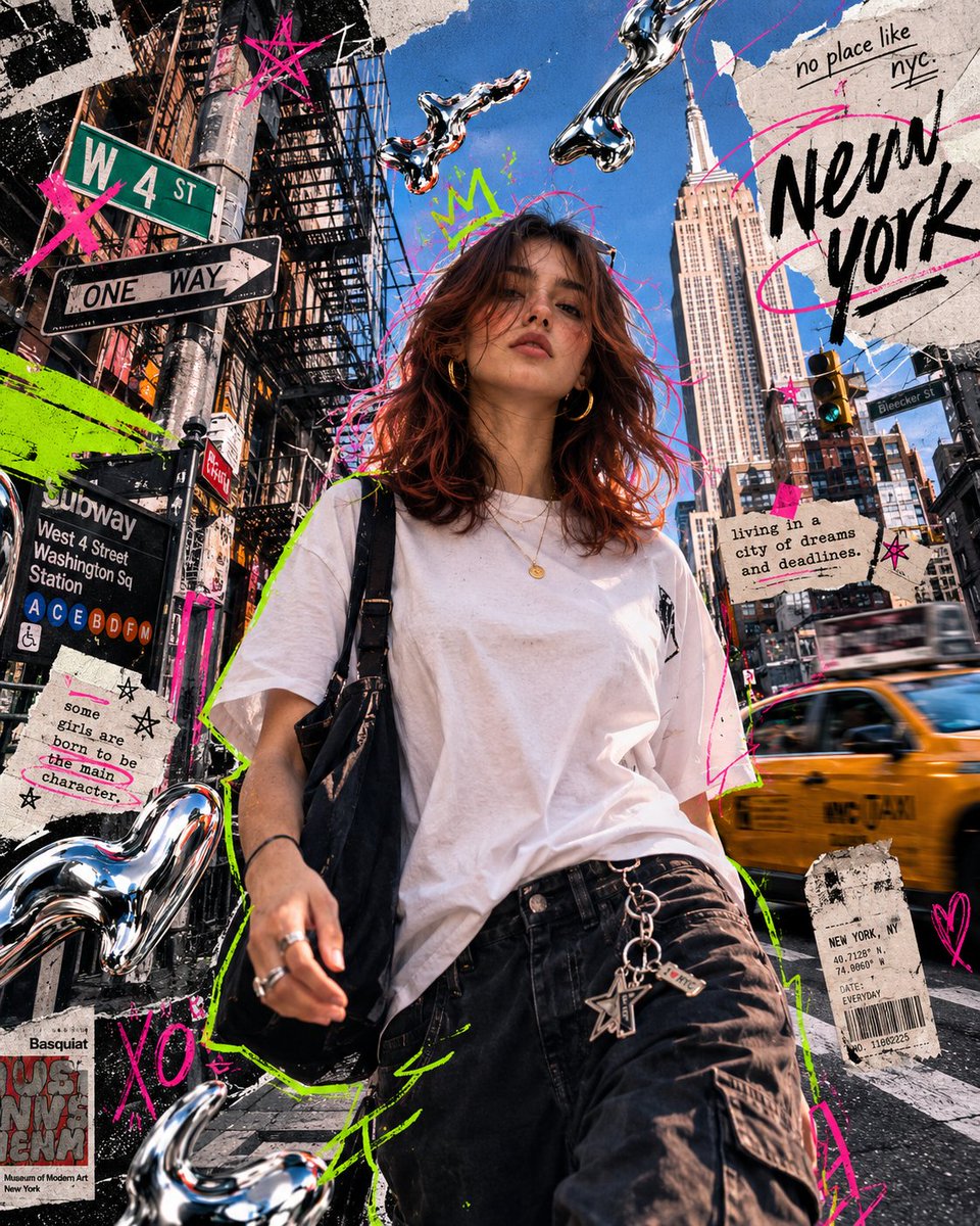 Neon Collage Woman Walking Through New York — AI result, variation 2 of 2