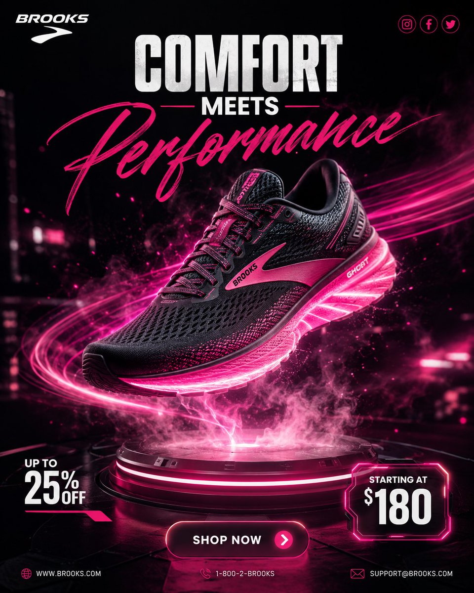 A running shoe floats above a dark circular podium, wrapped in glowing magenta plasma, smoke and light trails. The pink glow from the midsole makes the…
