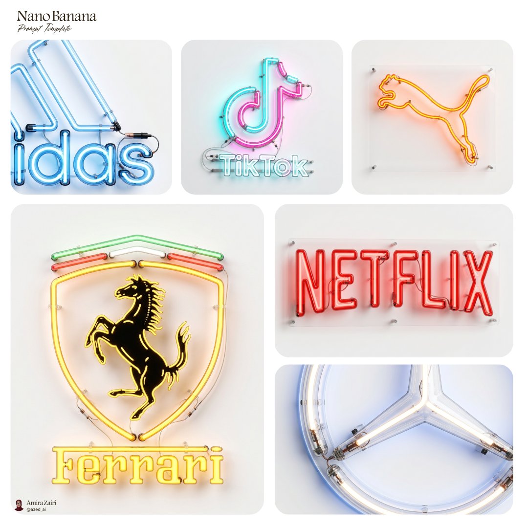 The logo is rebuilt as a continuous neon tube sign with glowing glass, soft colored bloom and visible electrode details. It sits isolated on a clean white…