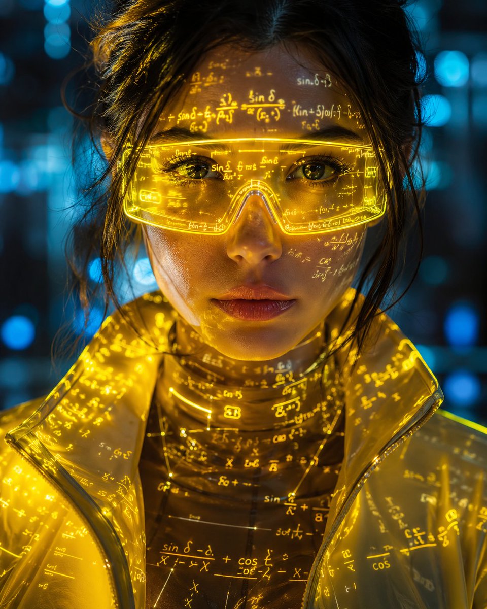 A young woman stares calmly from a blue-lit haze, neon-yellow glasses catching the glow while luminous equations drift across her face and jacket. The contrast…