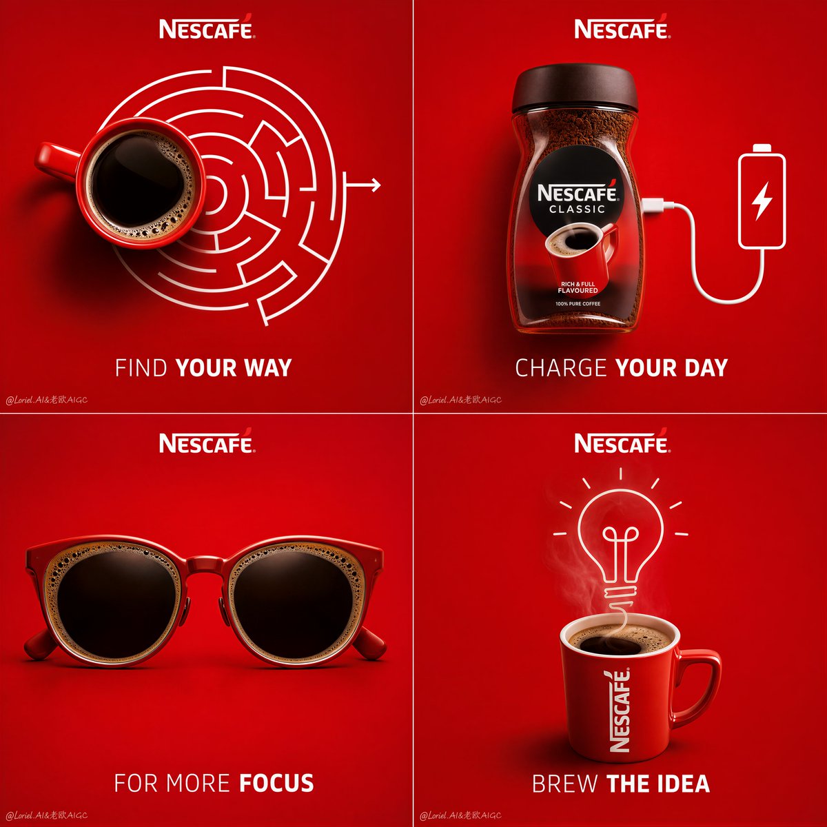 A 2x2 campaign poster on saturated Nescafe red, with a real coffee cup or jar as the hero of each panel and one witty white-line idea growing from it. The four…