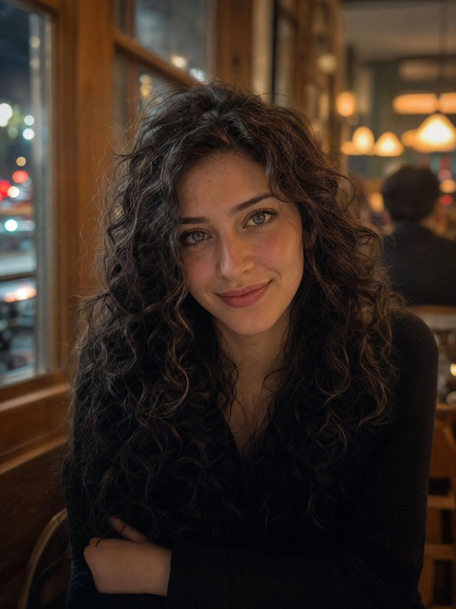 A close, candid portrait of a young woman with voluminous dark curls, sitting in a cozy café after dark. Warm hanging lights melt into soft circles of bokeh…