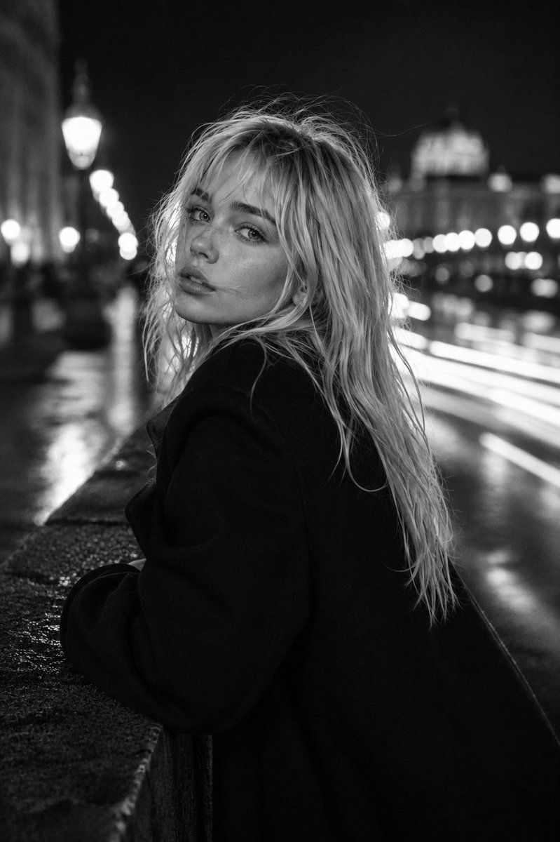 A black-and-white portrait of a young woman glancing back over her shoulder on an empty city street. Headlight bokeh and streaking traffic dissolve behind her…