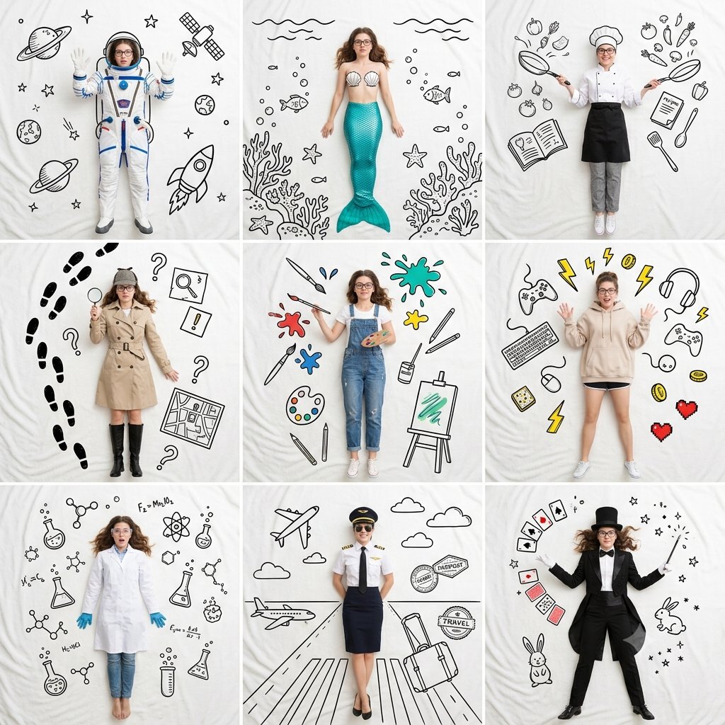 A nine-panel grid shows one woman lying on a white blanket, each panel dressed as a different profession and surrounded by hand-drawn black doodles that match…