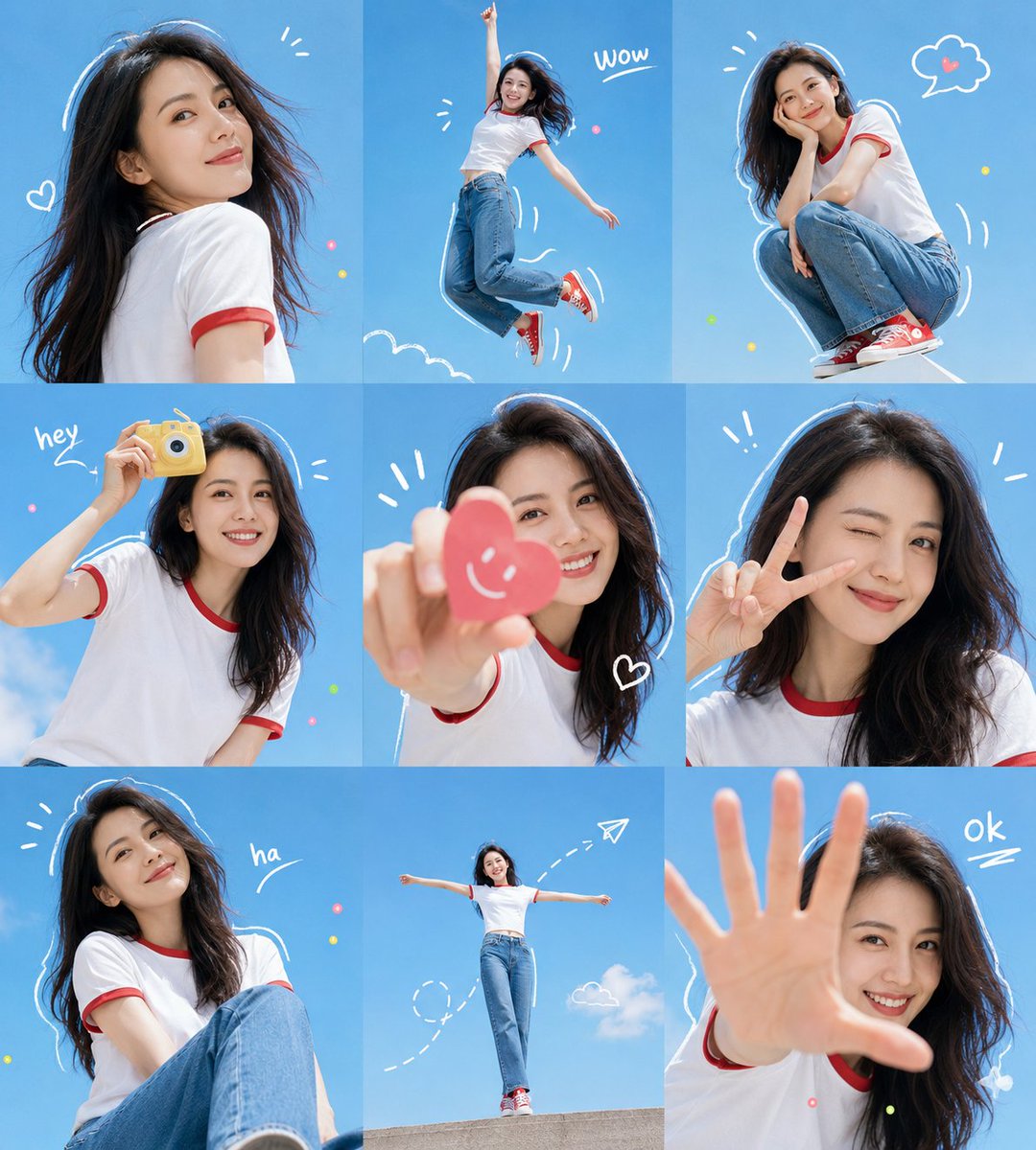 A 3x3 grid of one subject shot from low angles in varied crops, with childlike white doodle lines, dashes and bouncing words layered over bright, sunny color…