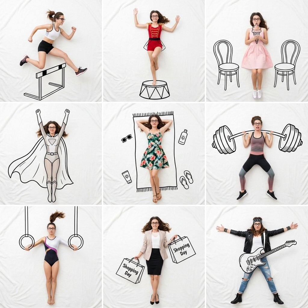 A top-down grid of nine panels shows one woman in nine roles, from athlete to rock star, each surrounded by black doodles on a clean white blanket. The mix of…