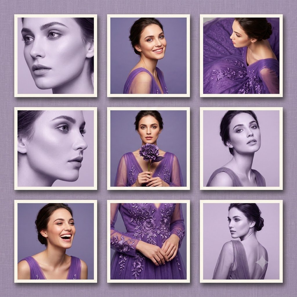 A 3×3 grid of nine square frames shows the same model from different angles and crops. Some frames are soft lavender monochrome close-ups, others are full…