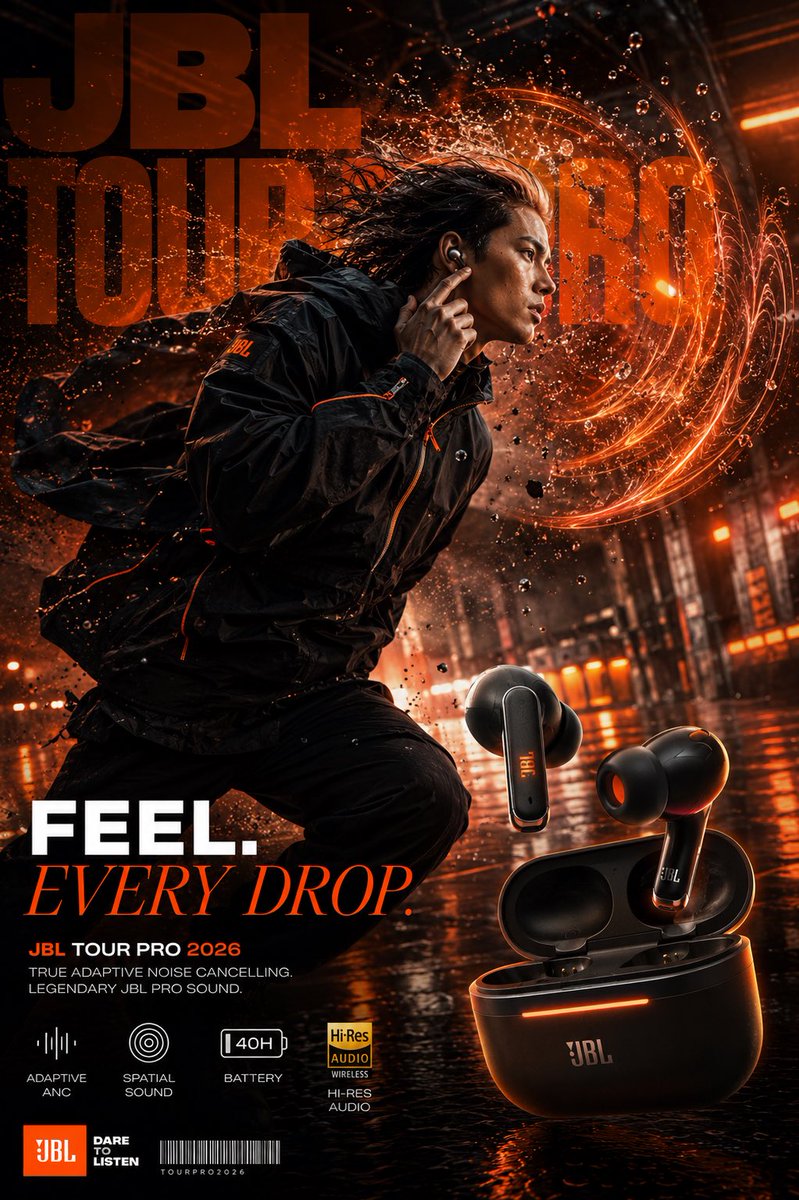 A vertical luxury ad where a runner in a matte black jacket pulls an earbud toward her ear as bass rings ripple out through the air. Oversized earbuds float in…