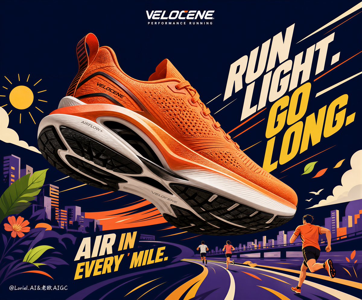 A vivid orange performance running shoe floats diagonally over a midnight navy field, with its toe pushing toward the frame edge. Flat vector runners, clouds…