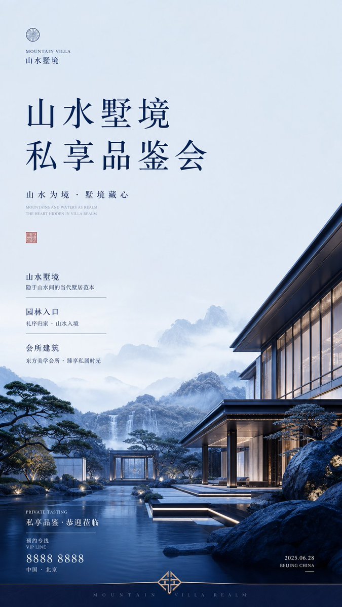 Oriental Courtyard Villa Launch Poster Design — AI result, variation 2 of 2