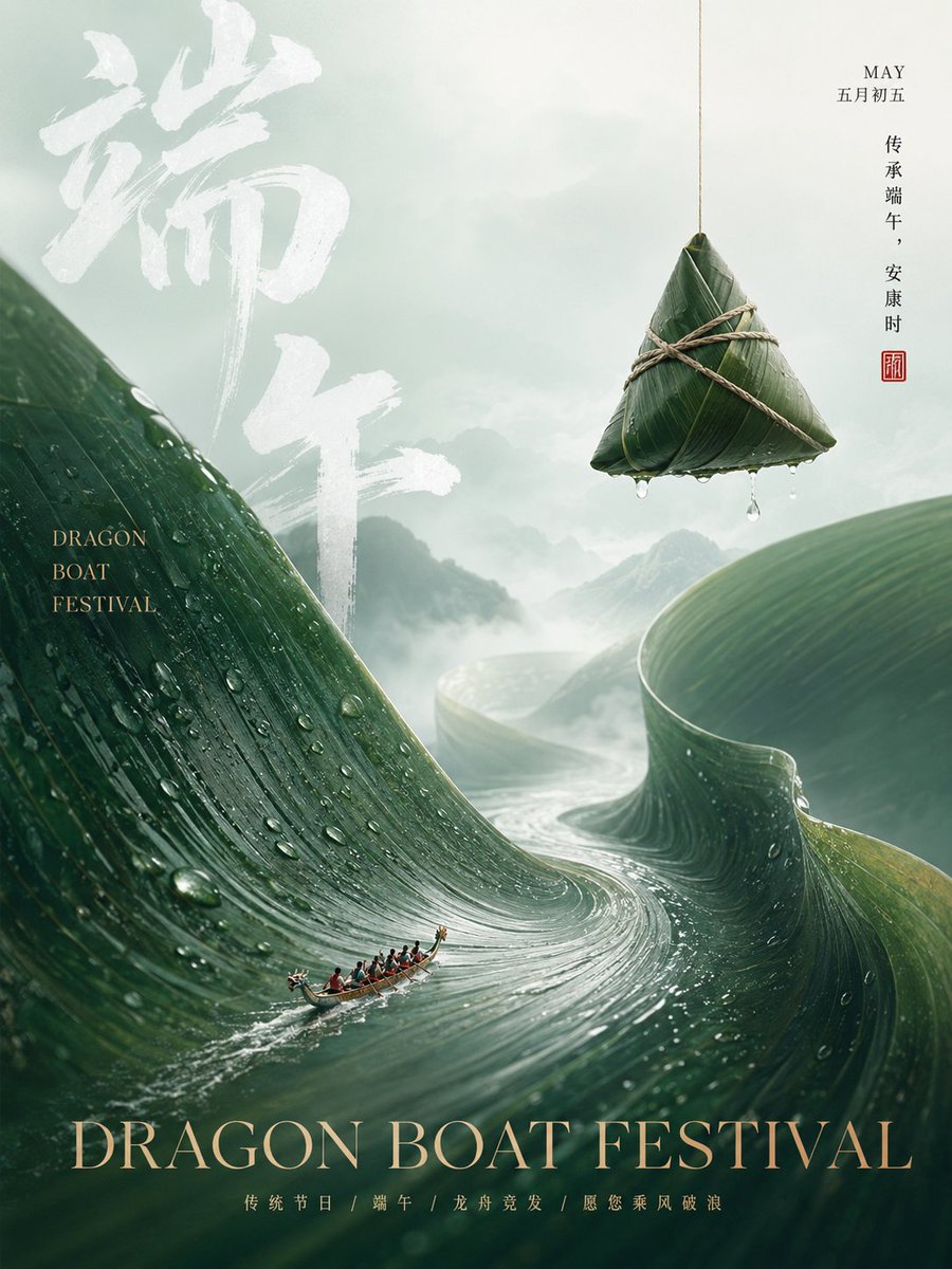 A vertical brand poster that blends misty ink-wash landscapes with surreal commercial photography. Festive objects become terrain, a tiny boat or figure adds…