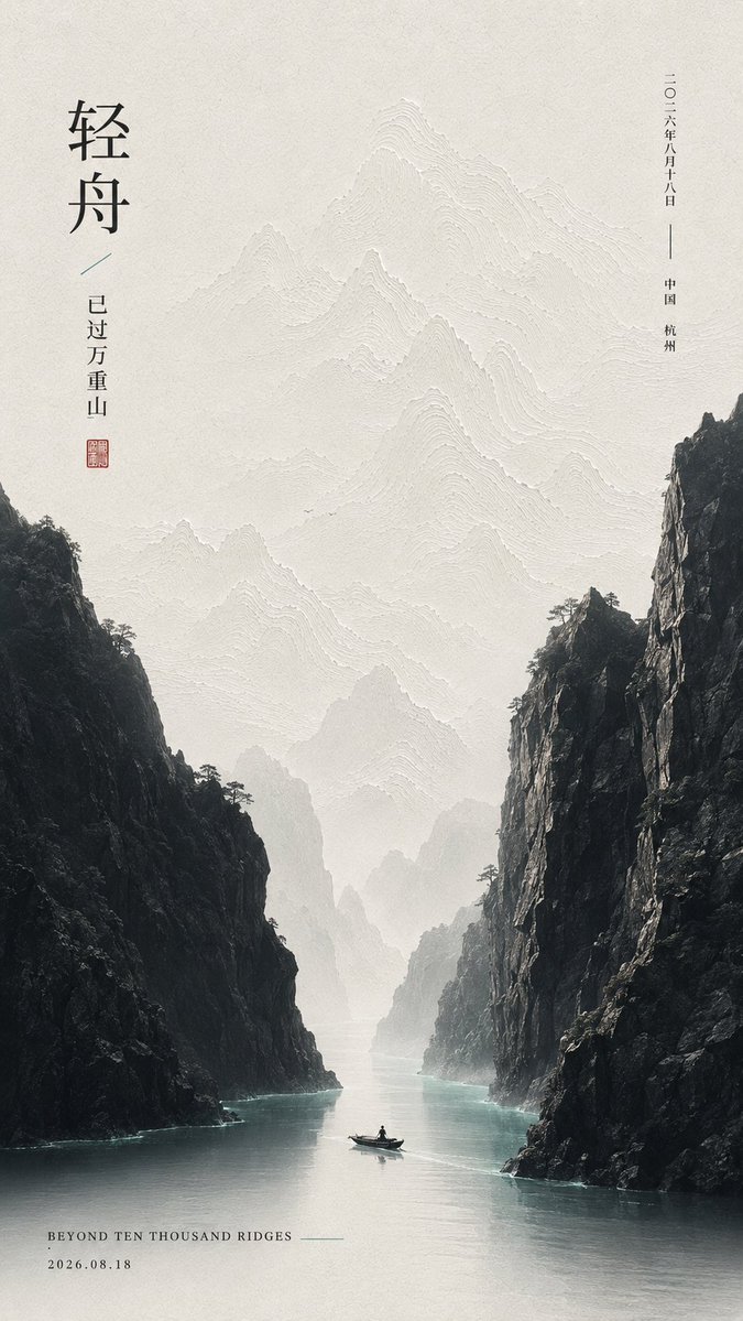 A vertical poster in warm ivory paper where a dense, dark object sits against vast negative space, with one tiny figure and a single touch of color. Text stays…