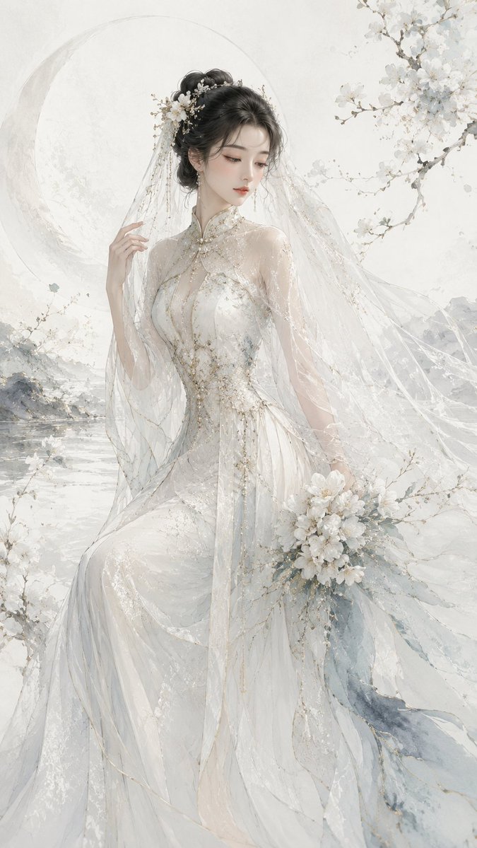 A slender woman in a new-Chinese bridal gown stands in soft ink-wash mist, with gold-thread phoenix embroidery and sheer tulle layers catching the light. The…
