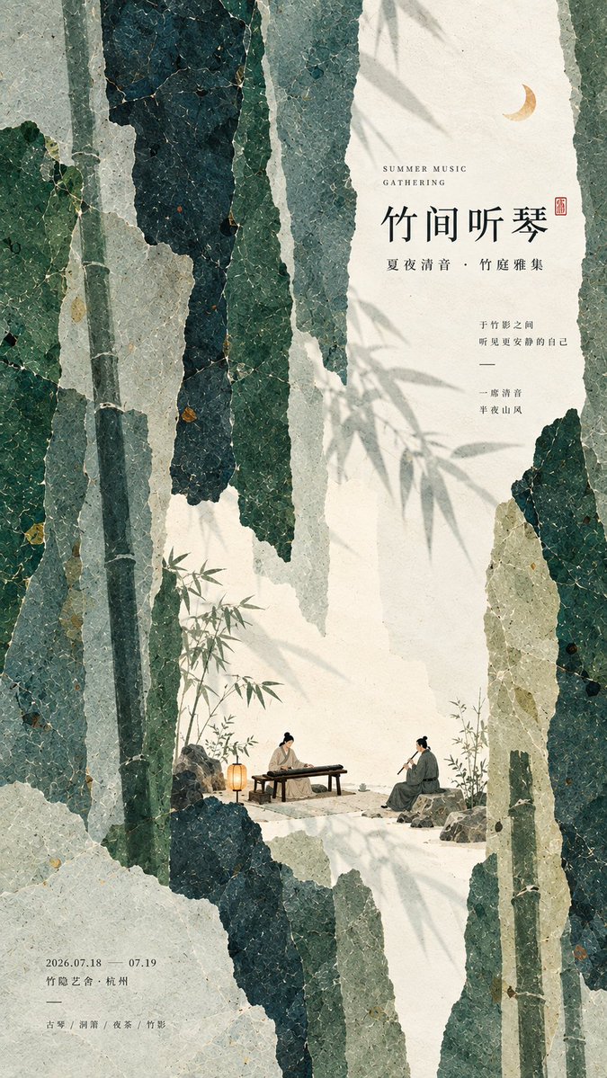 Oriental Paper Collage Poster with Tiny Figure Scene — AI result, variation 2 of 4