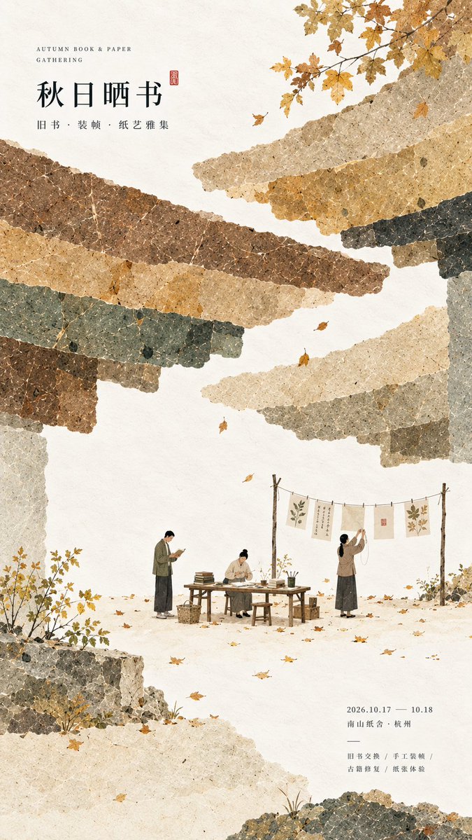 Oriental Paper Collage Poster with Tiny Figure Scene — AI result, variation 3 of 4