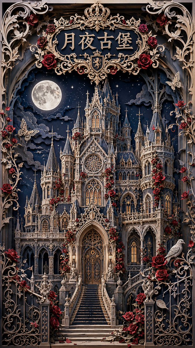 A vertical paper sculpture of a classical European building, carved into layered openwork with rose-window and lace patterns. Soft light passes through the cut…