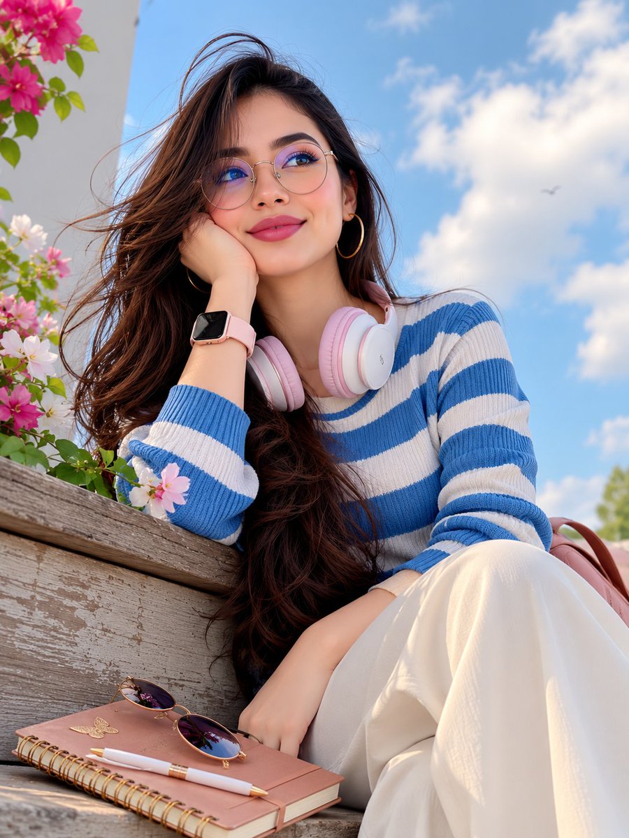 A bright, airy outdoor portrait of a young woman leaning on a weathered ledge against a sky full of soft clouds. Striped knitwear, glasses, and loose waves…