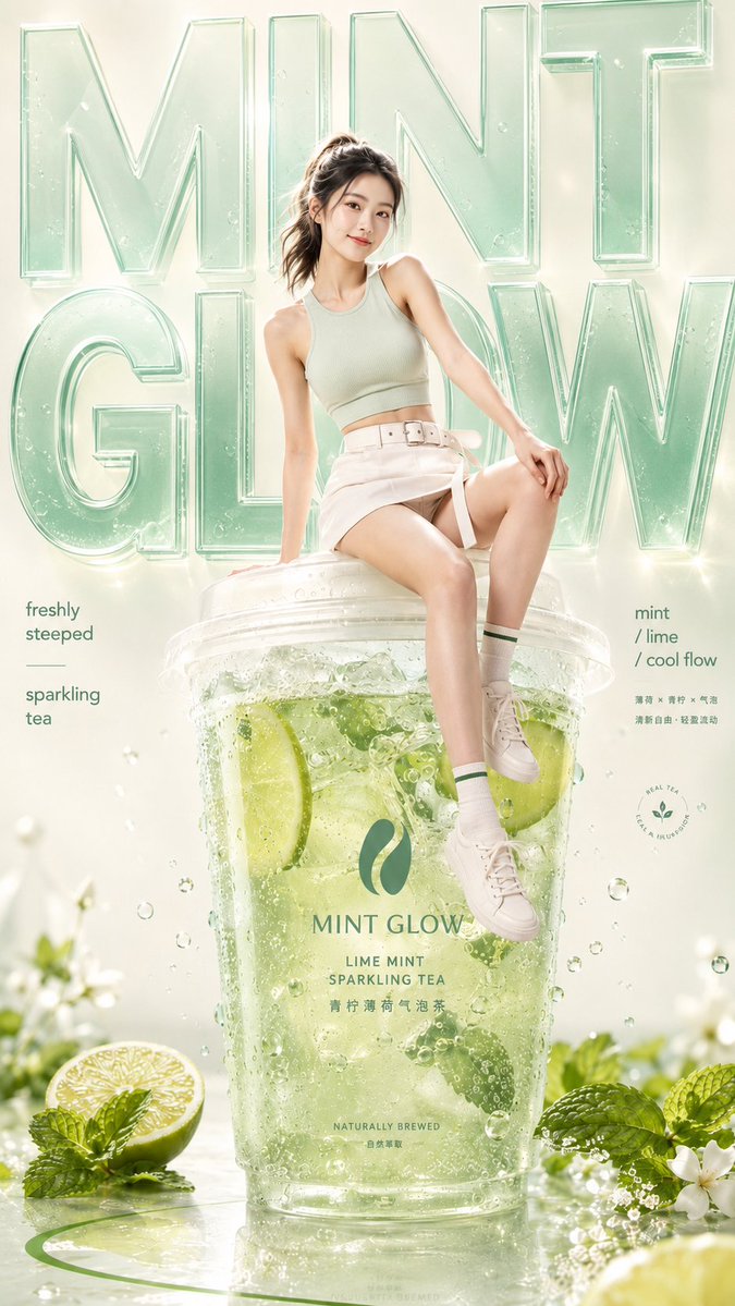 A young model sits and leans against a giant drink package in a bright studio, with fruit and ice framing the foreground. A glossy, translucent headline sits…