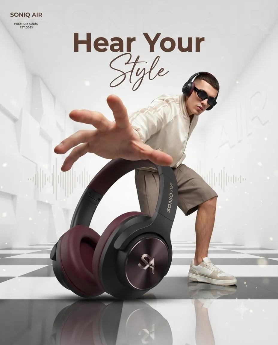 A giant over-ear headphone fills the foreground while a young model in sunglasses reaches toward the camera inside a white checkered room. The forced…